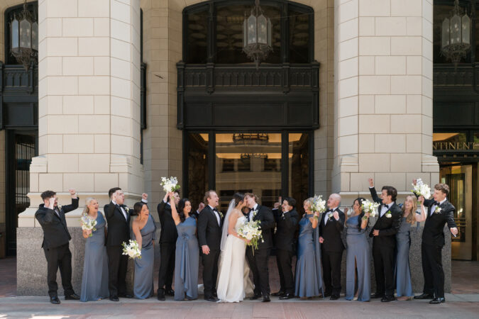 Wedding party portraits photographed at the Tulsa Club Hotel.